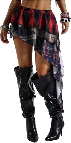 Verdusa Women's Plaid Skirts Asymmetrical Ruffle Y2K Mini Skirt Streetwear Festival Outfits Grunge Clothes in Kuwait