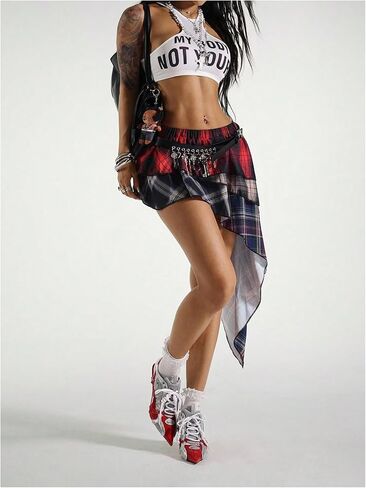 Verdusa Women's Plaid Skirts Asymmetrical Ruffle Y2K Mini Skirt Streetwear Festival Outfits Grunge Clothes in Kuwait