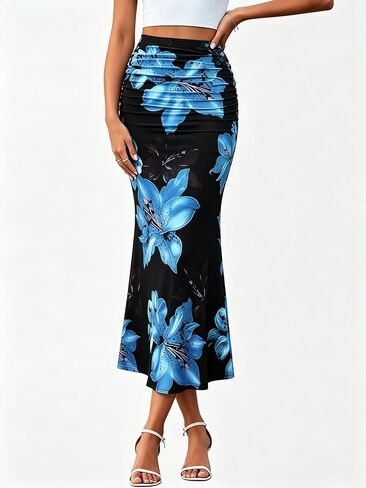 Lily Floral Print Ruched Midi Skirt, High Waisted Stretchy Bodycon Trumpet Mermaid Skirt Trendy Spring Summer 2026 in Kuwait