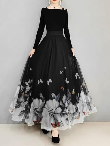 Women's Floral Butterfly Print Tulle Skirt, High Waist A-Line Flowy Skirt for Wedding Party Evening Wear in Kuwait