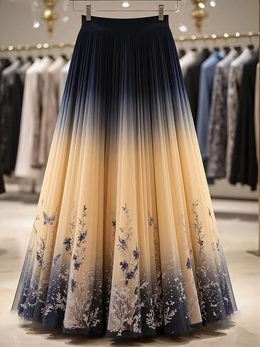Women's Ombre Navy Beige Butterfly Floral Tulle Maxi Skirt, High Waist A-Line Pleated Skirt for Wedding Guest Party, XS-XXL in Kuwait