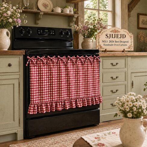 Handmade Oven Skirt Curtain Dishwasher Hidden Curtain Tie Top Ruffles and Ribbon Heat-Resistant Meadow Skirt Farmhouse for Stove Door Kitchen (Red and White Plaid) in Saudi Arabia