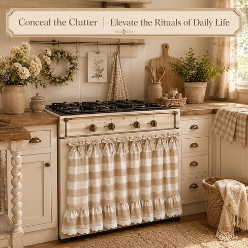 Handmade Oven Skirt Curtain Dishwasher Hidden Curtain Tie Top Ruffles and Ribbon Heat-Resistant Meadow Skirt Farmhouse for Stove Door Kitchen (Red and White Plaid) in Saudi Arabia