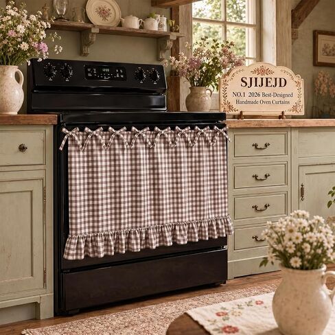 Handmade Oven Skirt Curtain Dishwasher Hidden Curtain Tie Top Ruffles and Ribbon Heat-Resistant Meadow Skirt Farmhouse for Stove Door Kitchen (Red and White Plaid) in Saudi Arabia