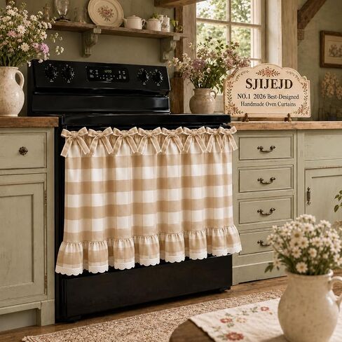 Handmade Oven Skirt Curtain Dishwasher Hidden Curtain Tie Top Ruffles and Ribbon Heat-Resistant Meadow Skirt Farmhouse for Stove Door Kitchen (Red and White Plaid) in Saudi Arabia