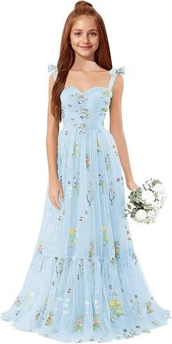 Floral Embroidery Tulle Junior Bridesmaid Dresses Spaghetti Straps Flower Girl Dress Girls Formal Dress Prom Gowns in Kuwait