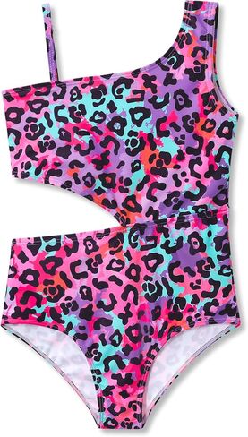 Girls One Piece Leopard Print Swimsuits - Bathing Suit with Adjustable Straps Palm Tree Print Swimwear Size 6X-16 in Saudi Arabia