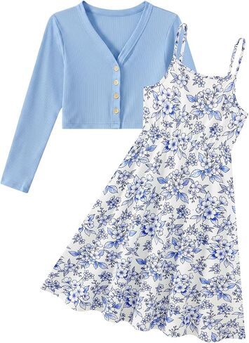 Enlifety Girls Dress with Cardigan Set, 2 Piece Sleeveless Printed Sundress & Long Sleeve Knit Cardigan for Girl 5-12 Years in Kuwait