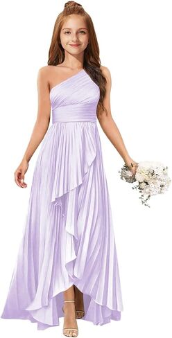 MRHUSH Junior Bridesmaid Dresses Satin One Shoulder Flower Girl Dress Pleated Ruffle Girls Formal Prom Gowns with Slit Hi-Lo in Kuwait