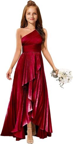 MRHUSH Junior Bridesmaid Dresses Satin One Shoulder Flower Girl Dress Pleated Ruffle Girls Formal Prom Gowns with Slit Hi-Lo in Kuwait