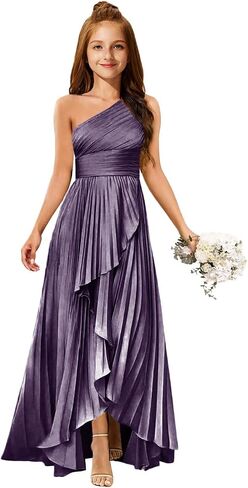 MRHUSH Junior Bridesmaid Dresses Satin One Shoulder Flower Girl Dress Pleated Ruffle Girls Formal Prom Gowns with Slit Hi-Lo in Kuwait