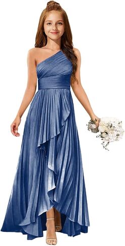 MRHUSH Junior Bridesmaid Dresses Satin One Shoulder Flower Girl Dress Pleated Ruffle Girls Formal Prom Gowns with Slit Hi-Lo in Kuwait