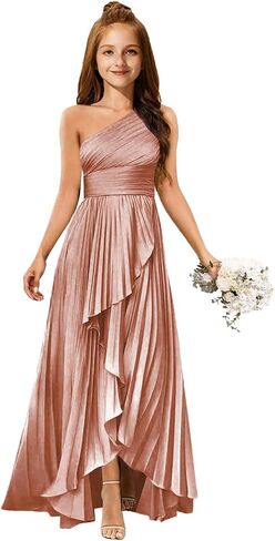 MRHUSH Junior Bridesmaid Dresses Satin One Shoulder Flower Girl Dress Pleated Ruffle Girls Formal Prom Gowns with Slit Hi-Lo in Kuwait