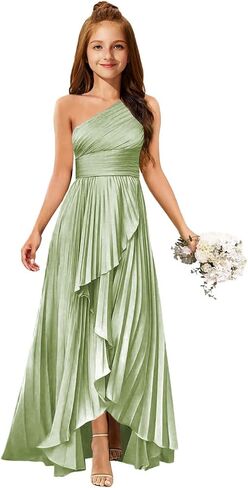 MRHUSH Junior Bridesmaid Dresses Satin One Shoulder Flower Girl Dress Pleated Ruffle Girls Formal Prom Gowns with Slit Hi-Lo in Kuwait