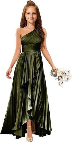 MRHUSH Junior Bridesmaid Dresses Satin One Shoulder Flower Girl Dress Pleated Ruffle Girls Formal Prom Gowns with Slit Hi-Lo in Kuwait