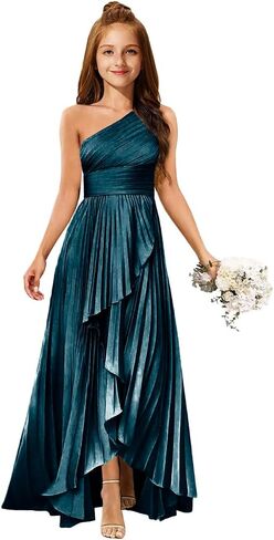 MRHUSH Junior Bridesmaid Dresses Satin One Shoulder Flower Girl Dress Pleated Ruffle Girls Formal Prom Gowns with Slit Hi-Lo in Kuwait
