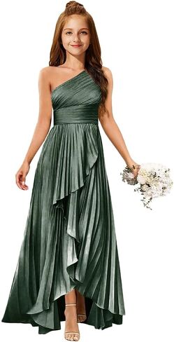 MRHUSH Junior Bridesmaid Dresses Satin One Shoulder Flower Girl Dress Pleated Ruffle Girls Formal Prom Gowns with Slit Hi-Lo in Kuwait