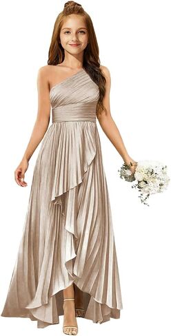 MRHUSH Junior Bridesmaid Dresses Satin One Shoulder Flower Girl Dress Pleated Ruffle Girls Formal Prom Gowns with Slit Hi-Lo in Kuwait