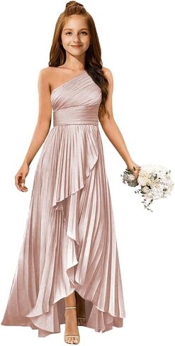 MRHUSH Junior Bridesmaid Dresses Satin One Shoulder Flower Girl Dress Pleated Ruffle Girls Formal Prom Gowns with Slit Hi-Lo in Kuwait