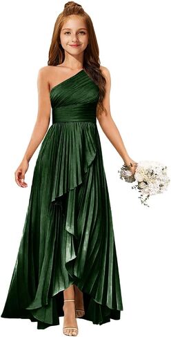 MRHUSH Junior Bridesmaid Dresses Satin One Shoulder Flower Girl Dress Pleated Ruffle Girls Formal Prom Gowns with Slit Hi-Lo in Kuwait