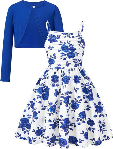 Enlifety 5-12T Girls Spaghetti Strap Dresses 2 Piece Outfit A Line Dress Cardigan Set in Kuwait