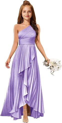 MRHUSH Junior Bridesmaid Dresses Satin One Shoulder Flower Girl Dress Pleated Ruffle Girls Formal Prom Gowns with Slit Hi-Lo in Kuwait