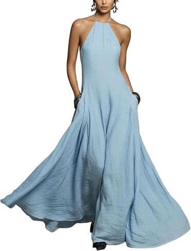 Spring Dresses for Women 2026 Casual Spaghetti Strap Halter Neck Backless Swing Maxi Dress Resort Party Outfits in Saudi Arabia