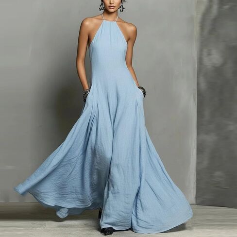 Spring Dresses for Women 2026 Casual Spaghetti Strap Halter Neck Backless Swing Maxi Dress Resort Party Outfits in Saudi Arabia
