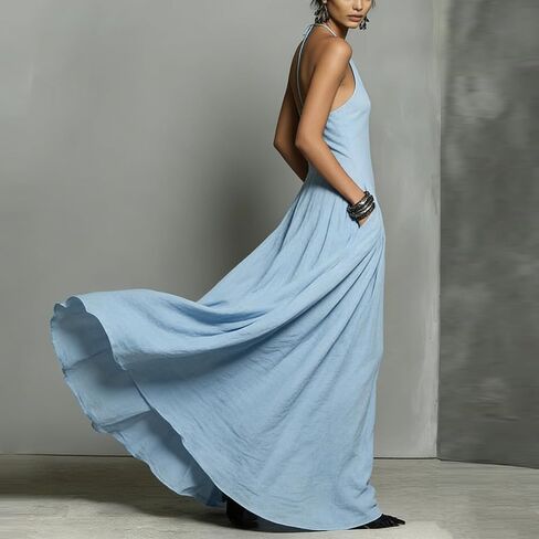 Spring Dresses for Women 2026 Casual Spaghetti Strap Halter Neck Backless Swing Maxi Dress Resort Party Outfits in Saudi Arabia