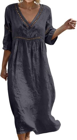 Cotton Dresses for Women Casual V-Neck Half Sleeve Eyelet Maxi Dress Boho Summer Flowy Beach Vacation Sundress in Saudi Arabia
