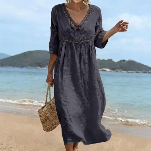 Cotton Dresses for Women Casual V-Neck Half Sleeve Eyelet Maxi Dress Boho Summer Flowy Beach Vacation Sundress in Saudi Arabia