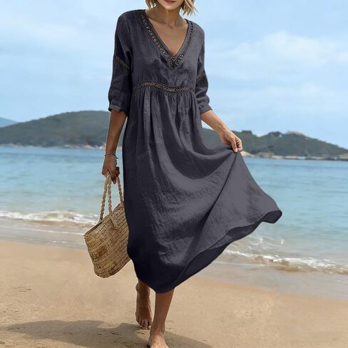 Cotton Dresses for Women Casual V-Neck Half Sleeve Eyelet Maxi Dress Boho Summer Flowy Beach Vacation Sundress in Saudi Arabia
