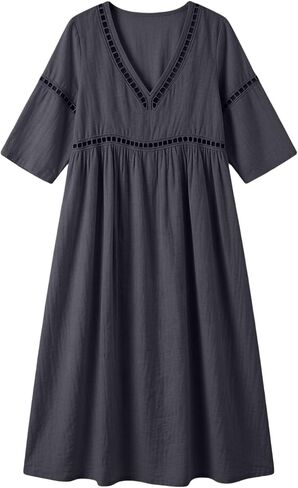 Cotton Dresses for Women Casual V-Neck Half Sleeve Eyelet Maxi Dress Boho Summer Flowy Beach Vacation Sundress in Saudi Arabia