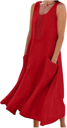 Tank Dress for Women Sleeveless Linen Casual Boho Pleated Sundresses Flowy Summer Beach Long Dress with Pockets in Kuwait