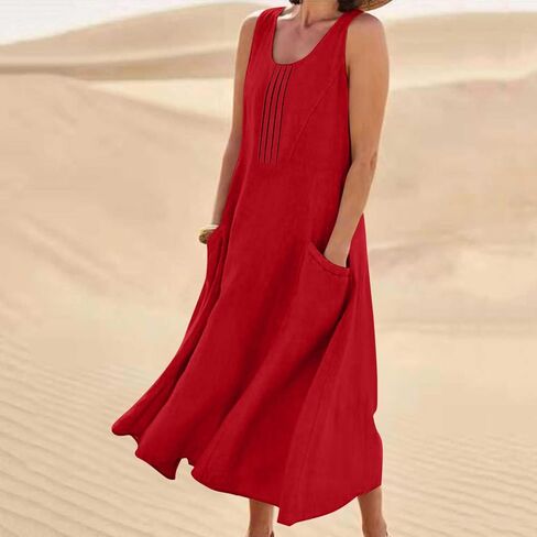 Tank Dress for Women Sleeveless Linen Casual Boho Pleated Sundresses Flowy Summer Beach Long Dress with Pockets in Kuwait
