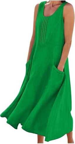 Tank Dress for Women Sleeveless Linen Casual Boho Pleated Sundresses Flowy Summer Beach Long Dress with Pockets in Kuwait