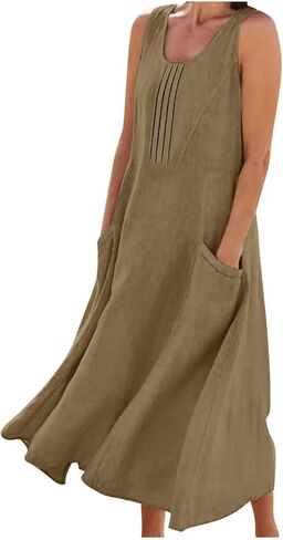 Tank Dress for Women Sleeveless Linen Casual Boho Pleated Sundresses Flowy Summer Beach Long Dress with Pockets in Kuwait