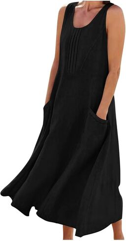 Tank Dress for Women Sleeveless Linen Casual Boho Pleated Sundresses Flowy Summer Beach Long Dress with Pockets in Kuwait