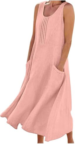 Tank Dress for Women Sleeveless Linen Casual Boho Pleated Sundresses Flowy Summer Beach Long Dress with Pockets in Kuwait