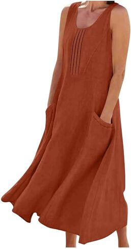 Tank Dress for Women Sleeveless Linen Casual Boho Pleated Sundresses Flowy Summer Beach Long Dress with Pockets in Kuwait