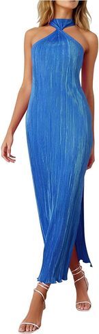 Lmdudan Women's Halter Neck Ribbed Maxi Dress Sleeveless Twist Front Side Slit Bodycon Dress Evening Party Cocktail Dresses in Kuwait