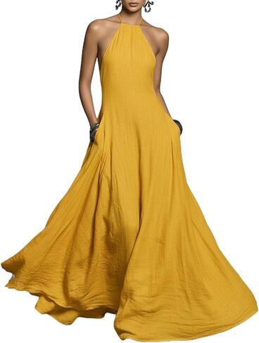 Spring Dresses for Women 2026 Casual Spaghetti Strap Halter Neck Backless Swing Maxi Dress Resort Party Outfits in Saudi Arabia