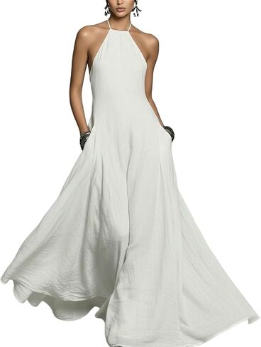Spring Dresses for Women 2026 Casual Spaghetti Strap Halter Neck Backless Swing Maxi Dress Resort Party Outfits in Saudi Arabia