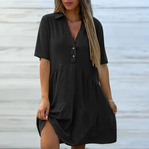 Linen Dresses for Women Summer Short Sleeve Flowy Mini Dress V Neck Ruffle A Line Sundress Beach Vacation Clothes in Saudi Arabia