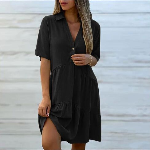 Linen Dresses for Women Summer Short Sleeve Flowy Mini Dress V Neck Ruffle A Line Sundress Beach Vacation Clothes in Saudi Arabia