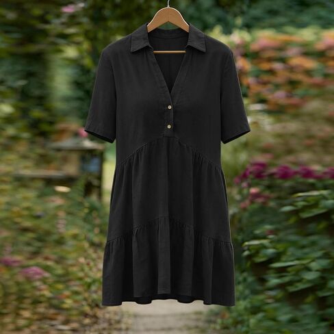 Linen Dresses for Women Summer Short Sleeve Flowy Mini Dress V Neck Ruffle A Line Sundress Beach Vacation Clothes in Saudi Arabia