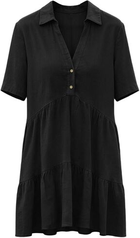 Linen Dresses for Women Summer Short Sleeve Flowy Mini Dress V Neck Ruffle A Line Sundress Beach Vacation Clothes in Saudi Arabia