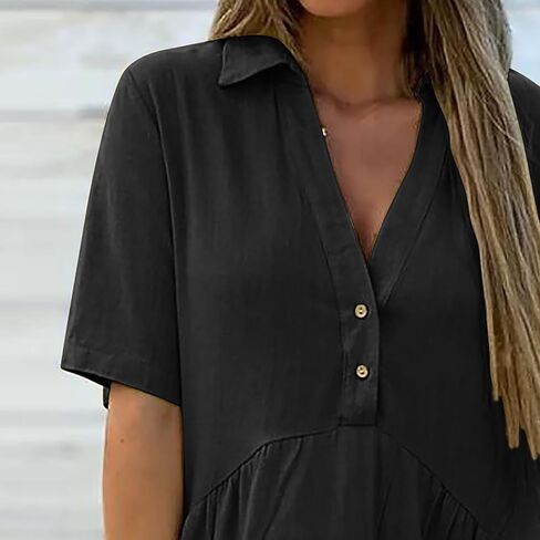 Linen Dresses for Women Summer Short Sleeve Flowy Mini Dress V Neck Ruffle A Line Sundress Beach Vacation Clothes in Saudi Arabia