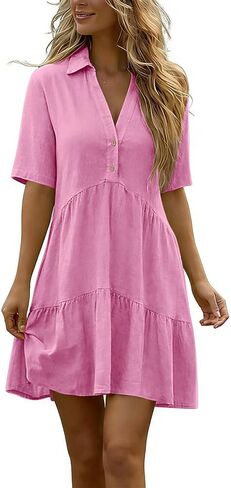 Linen Dresses for Women Summer Short Sleeve Flowy Mini Dress V Neck Ruffle A Line Sundress Beach Vacation Clothes in Saudi Arabia