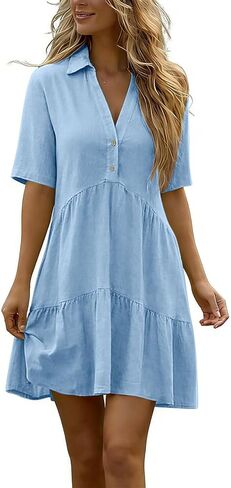 Linen Dresses for Women Summer Short Sleeve Flowy Mini Dress V Neck Ruffle A Line Sundress Beach Vacation Clothes in Saudi Arabia
